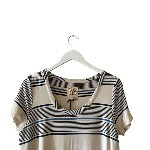 Chaser Stripes White Blue Short Sleeves Athleisure  Lightweight Blouse SZ M - Picture 4 of 11